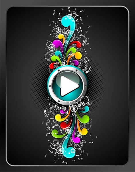 Botón de reproducción brillante vectorial con elementos florales grunge de colores sobre un fondo oscuro. — Vector de stock