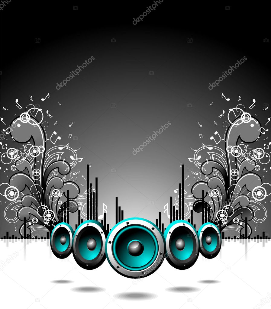 Vector speakers with grunge floral elements on a dark background.