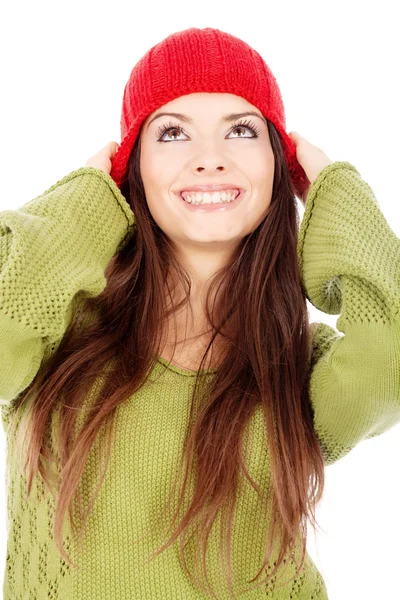 Žena v vlněný svetr a čepice — Stock fotografie