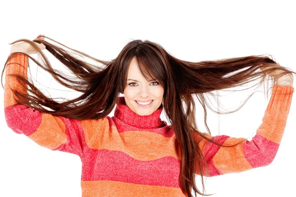 Mulher bonita segurando seu cabelo longo — Fotografia de Stock