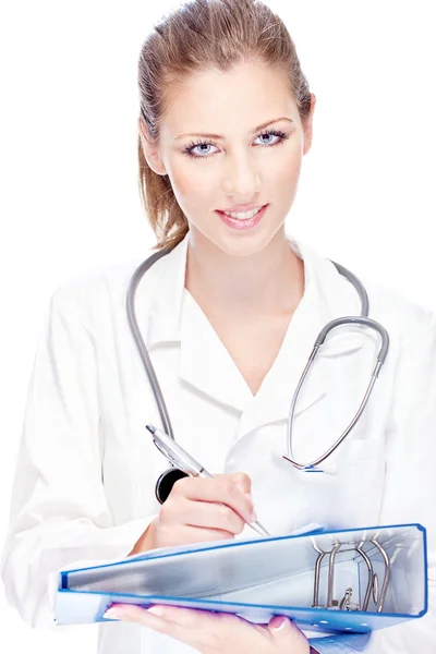 Female doctor with papers and stethoscope — Stok fotoğraf