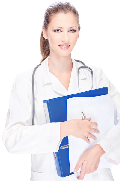 Ženský lékař s papíry a stetoskopem — Stock fotografie