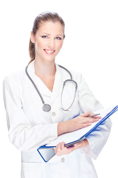 Médica com papéis e estetoscópio — Fotografia de Stock