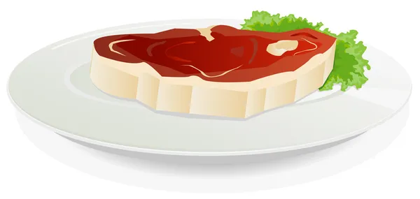 Trozo de carne cruda en un plato con ensalada — Vector de stock