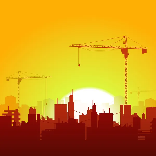 Sunrise Cranes And Construction Background — Stock Vector