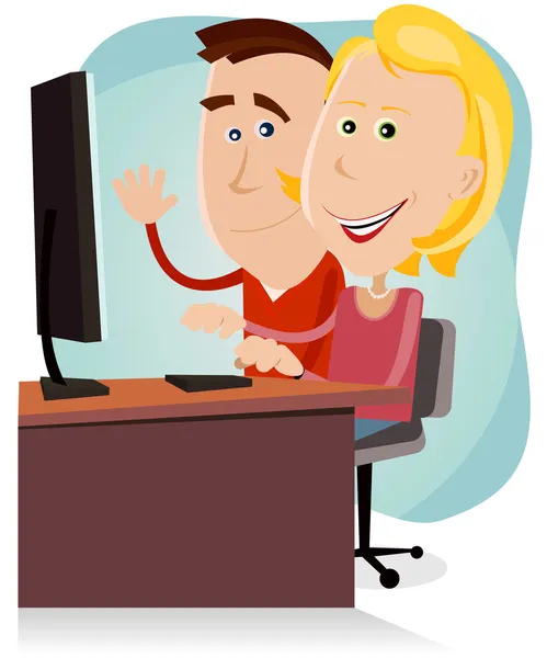 Feliz mãe e pai trabalhando no computador desktop — Vetor de Stock
