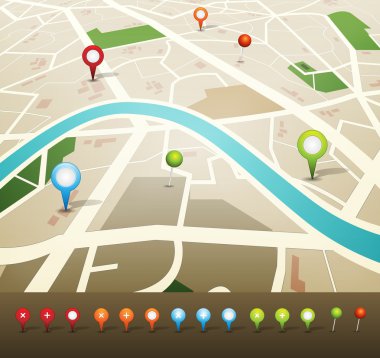 Street Map With GPS Pins Icons