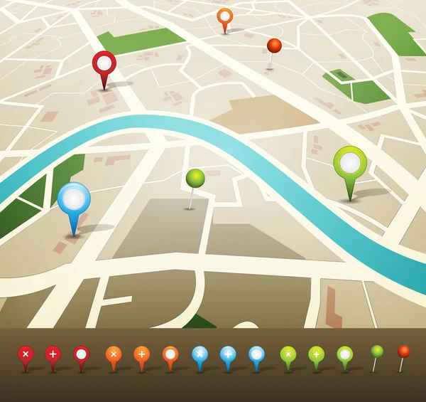 Gps pimleri simgeleri ile sokak haritası — Stok Vektör