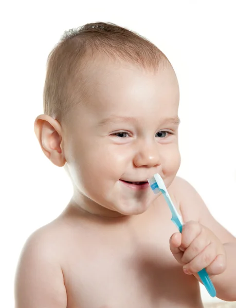 Bonito bebê limpeza dentes e sorriso — Fotografia de Stock