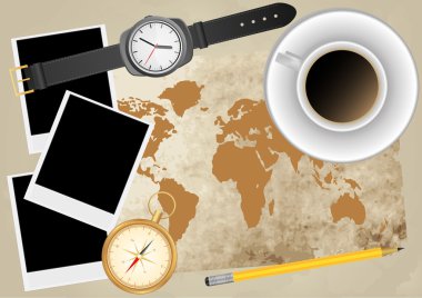 Vector paper with compass, pencil, photocards, clock, cup clipart