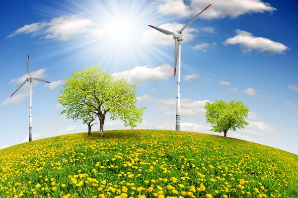 Våren träd med vindkraftverk — Stockfoto