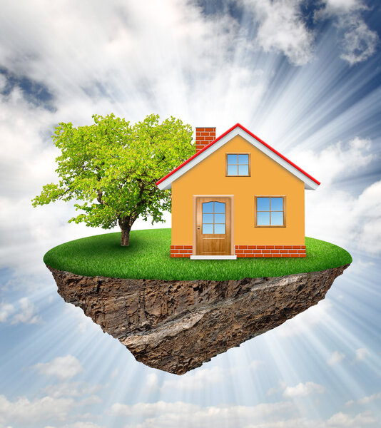 Маленький остров с домом и деревом
