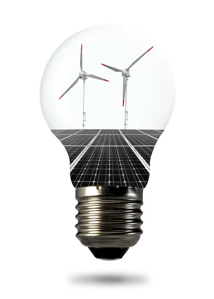 与太阳能电池板和风力涡轮机的灯泡 — 图库照片