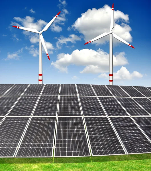 Solar energy panels and wind turbine — Stock Photo, Image