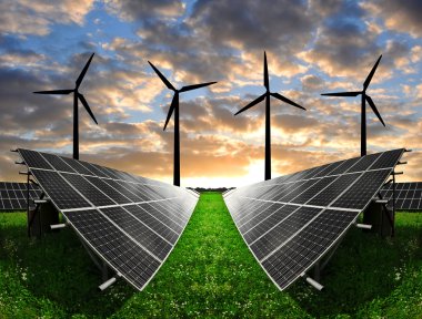 Solar energy panels with wind turbines clipart