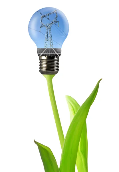 Linea elettrica con pannello solare nella lampadina — Foto Stock