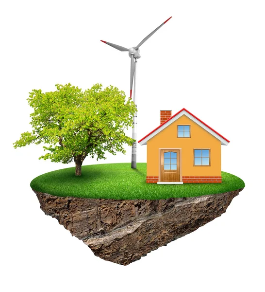 Malý ostrov s domem a větrná turbína — Stockfoto