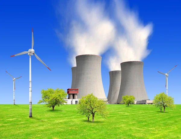 stock image Nuclear power plant and wind turbines