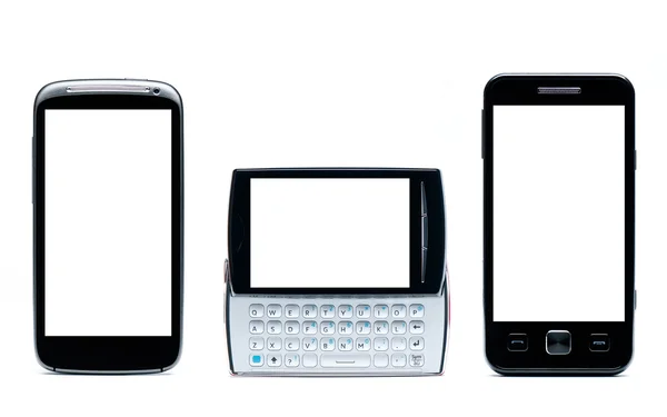 Tres teléfonos móviles clásicos sobre un fondo blanco - diseño original. Teléfono inteligente sobre fondo blanco, con rutas de recorte, Conjunto de teléfonos móviles sobre fondo blanco —  Fotos de Stock