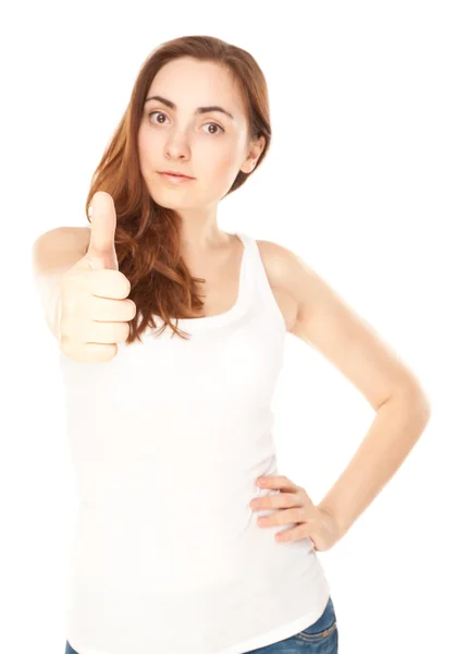 一个年轻的女人，显示竖起大拇指 (焦点在手上的特写镜头) — 图库照片