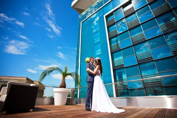 Noiva e noivo está se beijando perto do edifício moderno de vidro — Fotografia de Stock