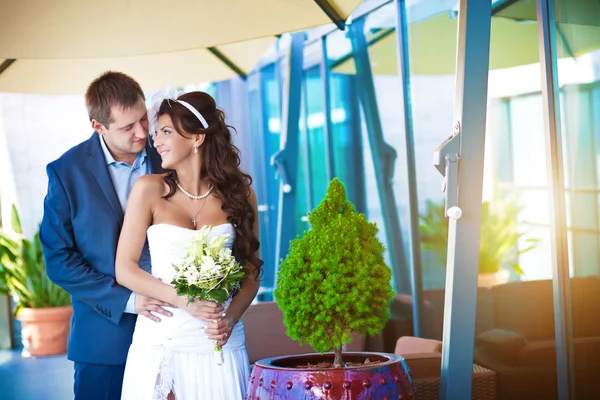 Braut und Bräutigam umarmen sich in der Nähe des gläsernen Gebäudes — Stockfoto