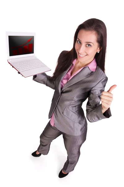 Бізнесмен з ноутбуком показує великий палець вгору . — стокове фото