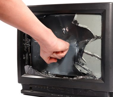 Man's hand crush television screen clipart