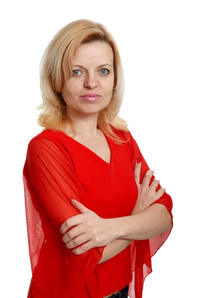 O femeie serioasă într-o bluză roșie — Fotografie, imagine de stoc