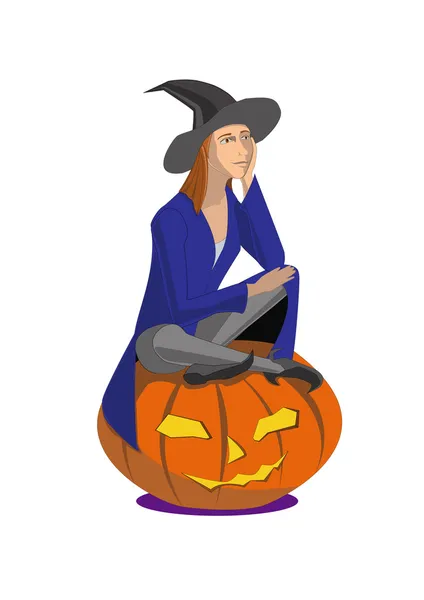 Witch sitting on a pumpkin on a white background — Stock Vector