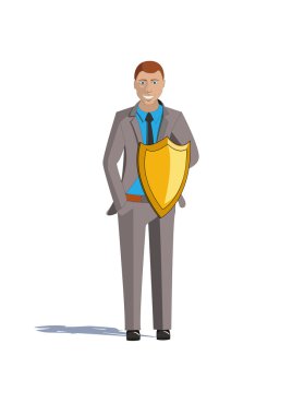 A young man with a shield. Protection. insurance clipart