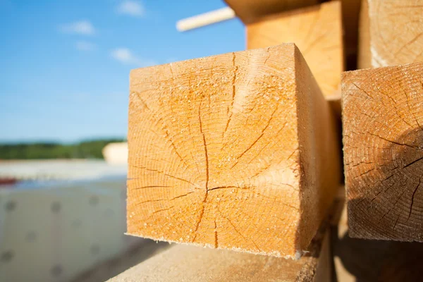 stock image Closeup of fresh cut wooden beam for country house construction