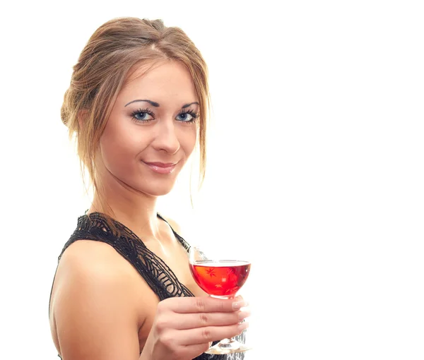 Leende kvinna med ett glas vin — Stockfoto