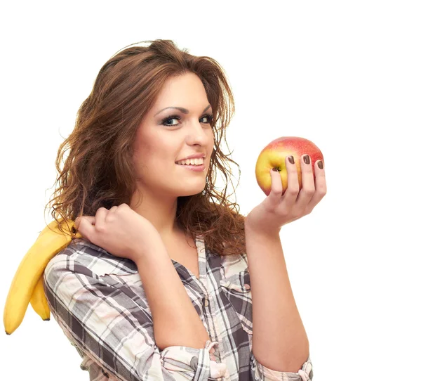 Holding bir elma ve muz — Stok fotoğraf