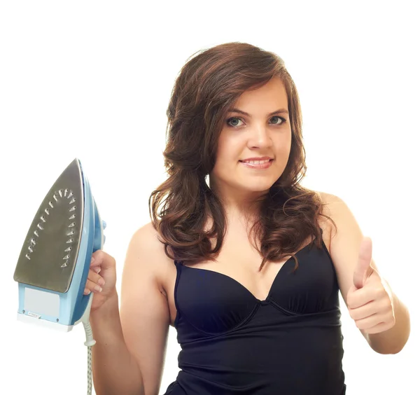 Girl with an iron — Stock Photo, Image