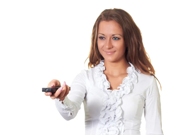 Girl and remote control — Stock Photo, Image