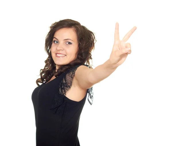 Menina mostra suas mãos um símbolo de vitória — Fotografia de Stock