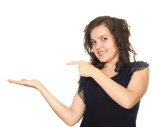 The girl holds an imaginary object in his right hand and points — Stock Photo, Image