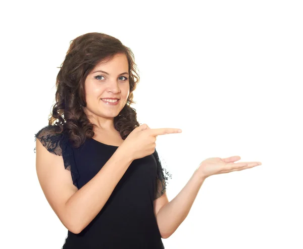 The girl holds an imaginary object — Stock Photo, Image