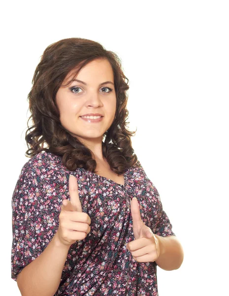 Beautiful girl shows a double thumbs up — Stock Photo, Image