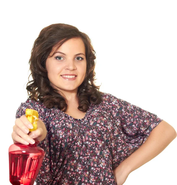 Mooi meisje houdt in haar rechterhand spray van water — Stockfoto