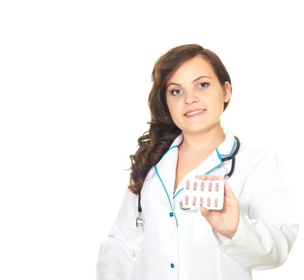 Doktor usmívající se dívka drží tablet — Stock fotografie