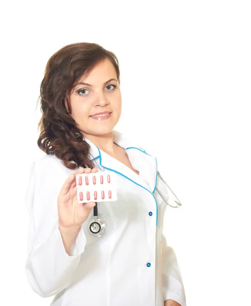 Läkare leende flicka håller en tablett — Stockfoto