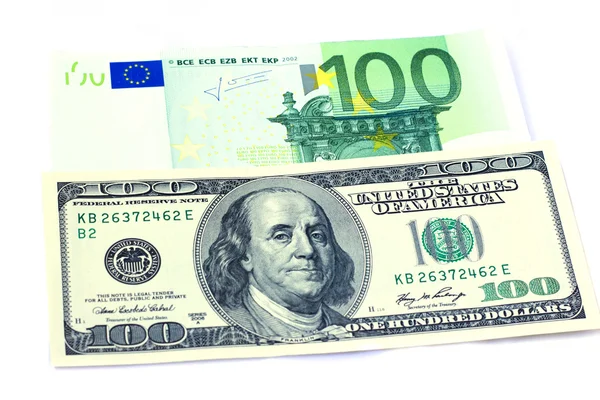 Banknoty 100 dolarów i 100 euro — Zdjęcie stockowe