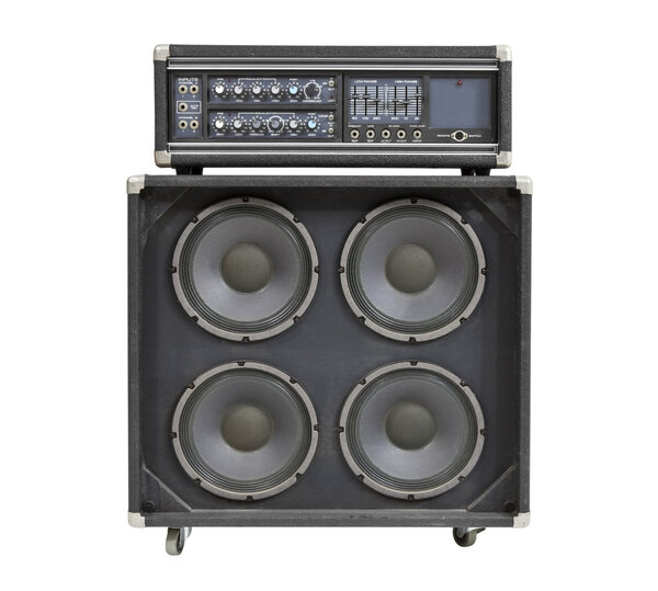Retro vintage bass amplifier isolated on white.