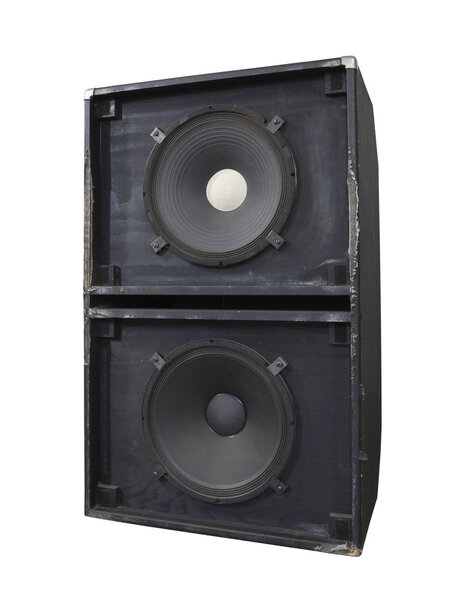 Big grungy bass blaster speaker box isolated on white