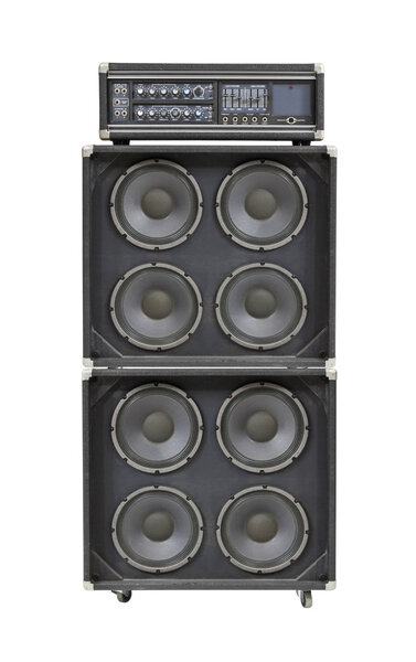 Vintage bass stack amplifier isolated on white.