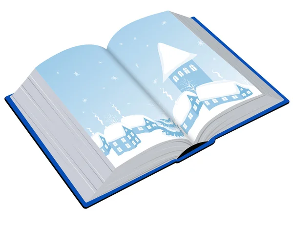 Libro abierto con una ilustración del invierno — Vector de stock