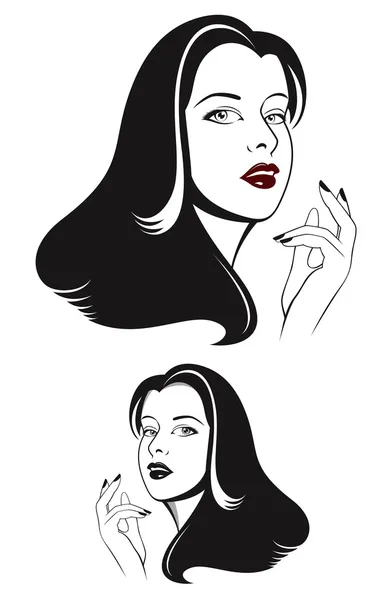 Glamour ženská tvář s dlouhými černými vlasy — Stockový vektor