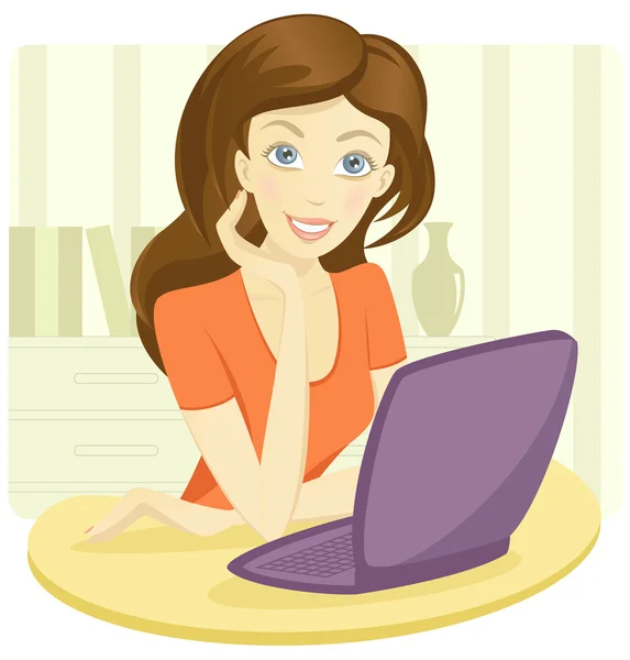Csinos, fiatal nő ül egy laptop — Stock Vector